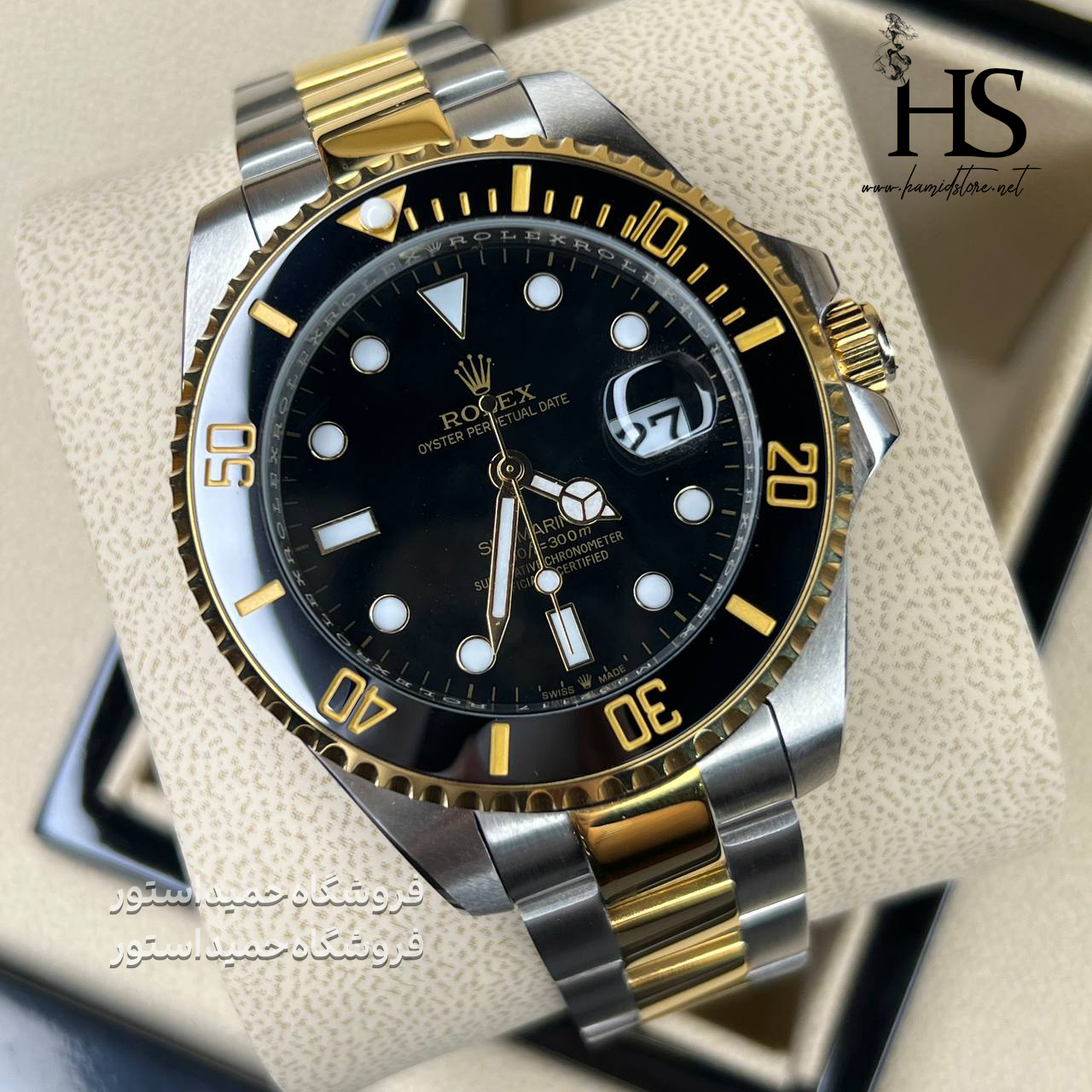 ساعت رولکس مردانه سابمارینر موتور باطری صفحه مشکی بند نقره ای طلایی Rolex Submariner