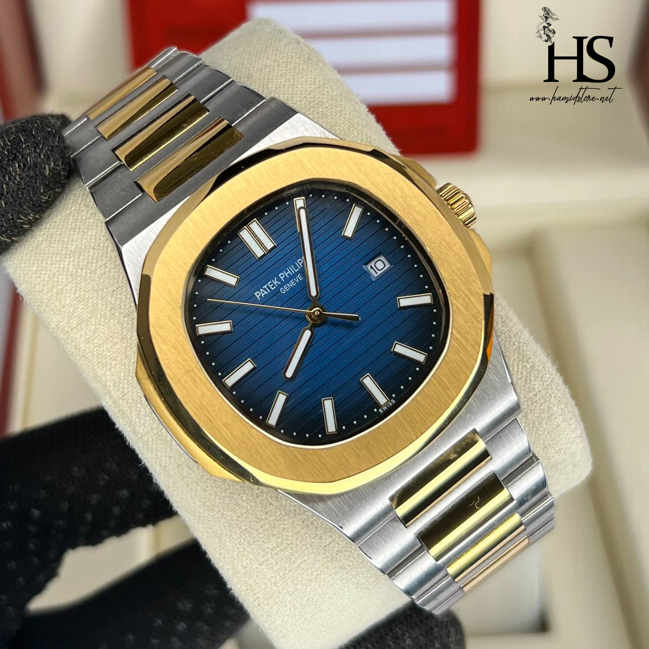 ساعت مچی مردانه پتک فیلیپ ناتیلوس طلایی نقره ای صفحه آبی Patek Philippe nautilus