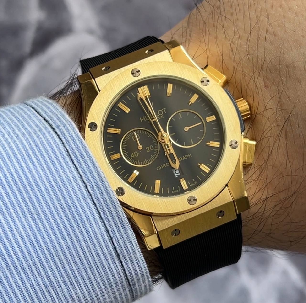 ساعت مچی مردانه هابلوت باتری مشکی طلایی Hublot Big Bang کرنوگراف