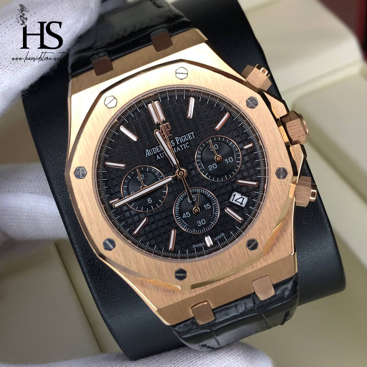 ساعت مردانه AP Chrono leather Rosegold Black کورنو رزگلد صفحه مشکی بند چرمی