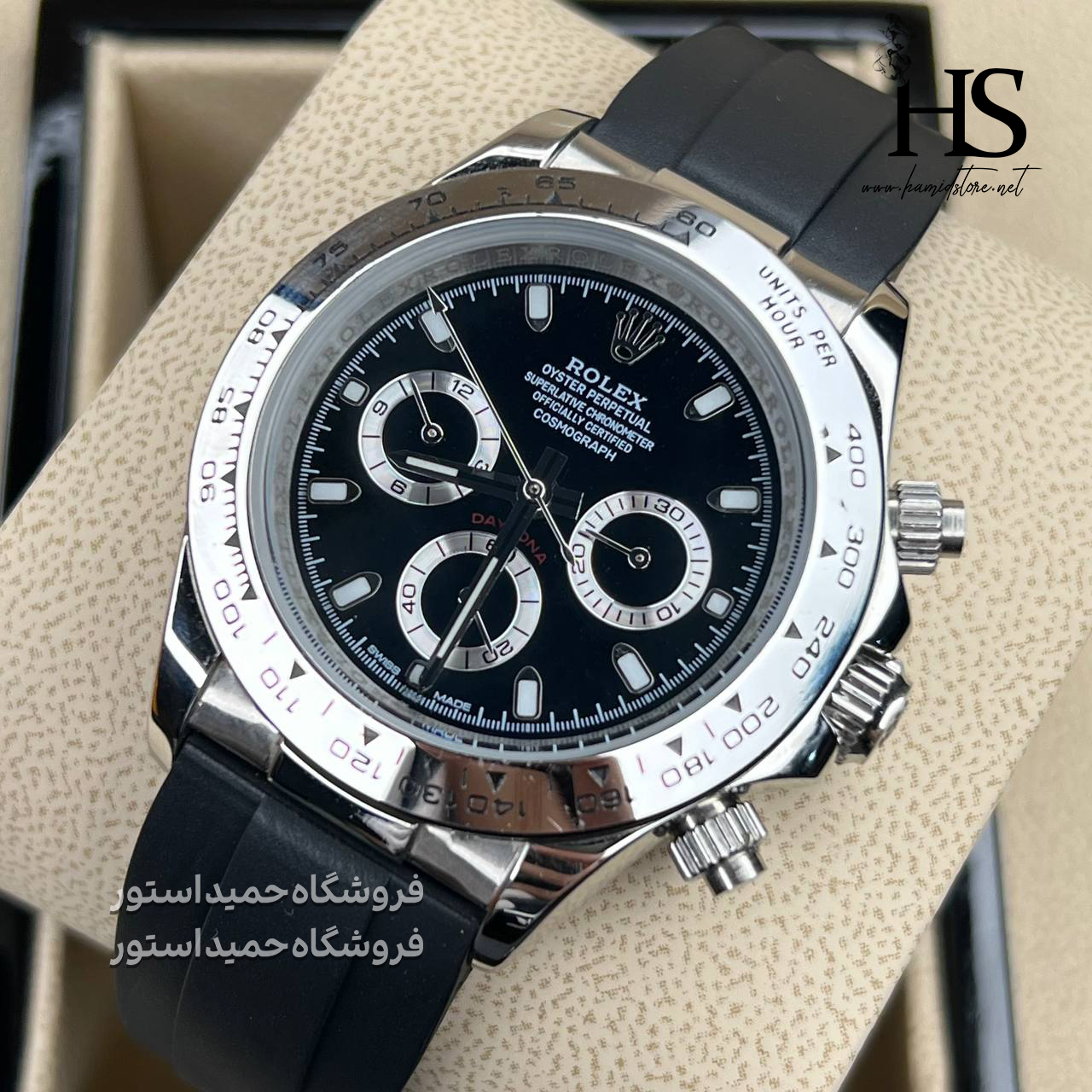 ساعت مردانه رولکس دیتونا اتوماتیک و باطری بند رابر Rolex Daytona Cosmograph Silver Black Screen