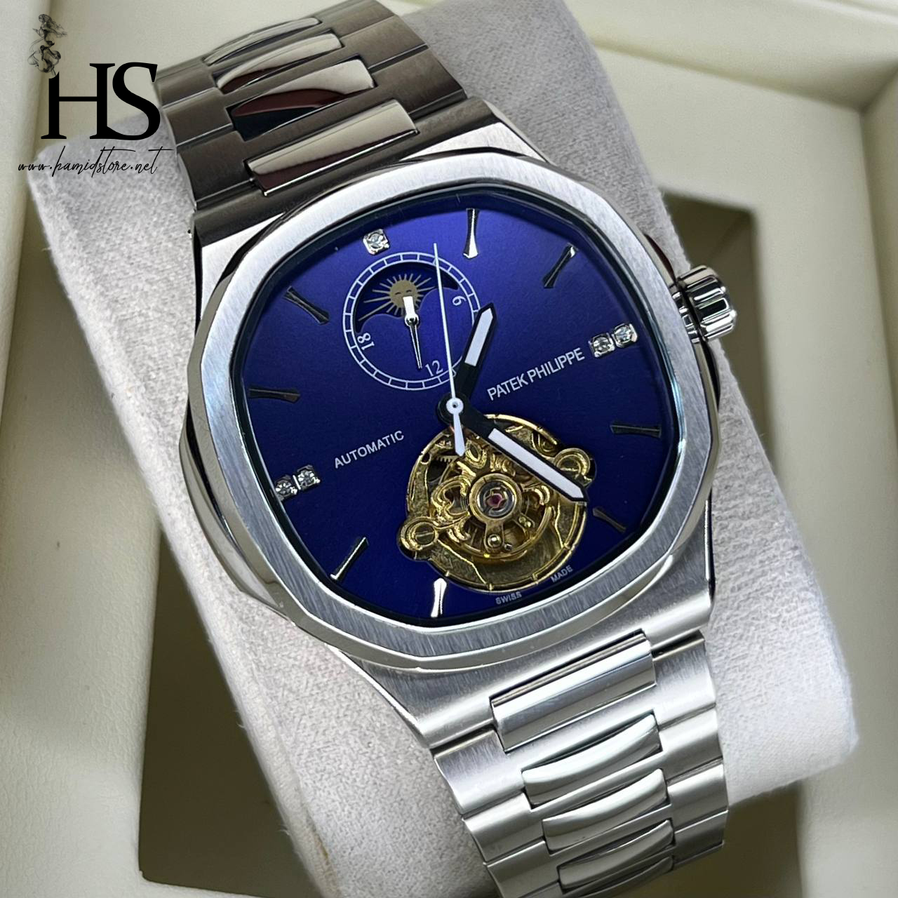 ساعت مردانه پتک فیلیپ صفحه سرمه ای سیلور Patek Philippe Automatic